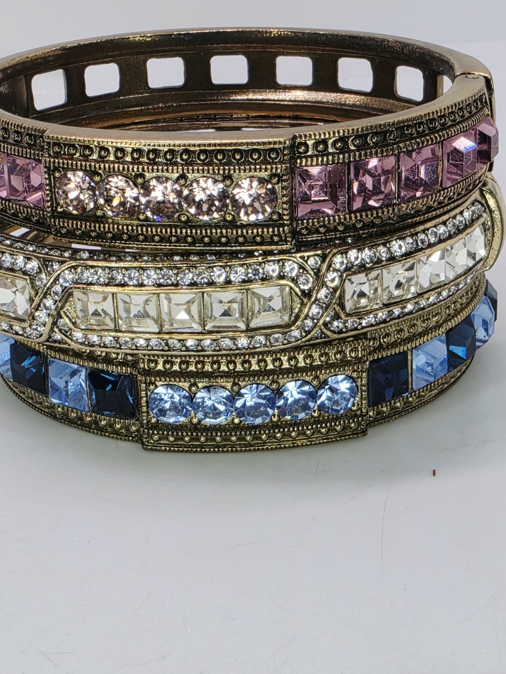 Heidi Daus Lot Of 3 Tantalizing Art Deco Hinged Bangle Bracelet Swarovski Stack
